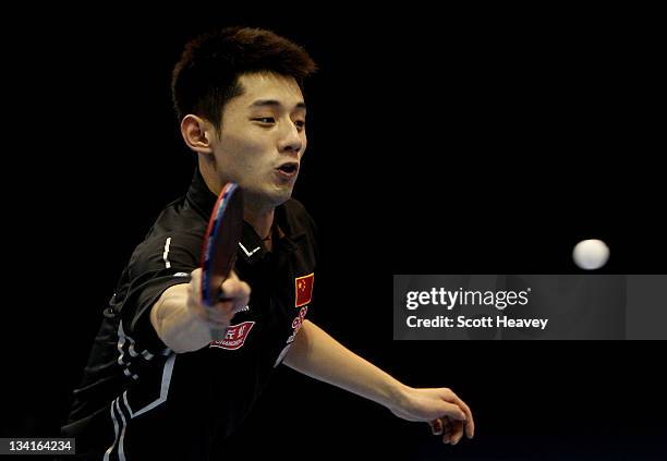 Zhang Jike of China in action against Ma Long during the Men's Singles Final during day four of the ITTF Pro Tour Table Tennis Grand Finals at ExCel...