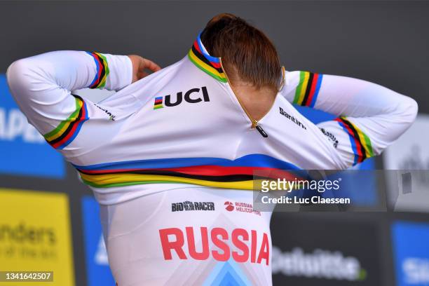 Gold medalist Alena Ivanchenko of Russian Cycling Federation puts on Rainbow World Champion Jersey and celebrates winning during the medal ceremony...