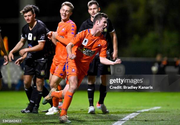 Zach Maltby of the Lions celebrates after scoring a goal during the FFA Cup round of 32 match between Lions FC and Casuarina FC at Lions Stadium on...