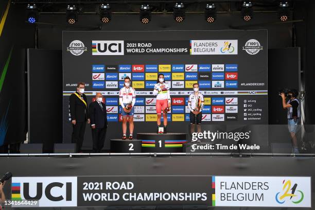 Silver medalist Zoe Bäckstedt of The United Kingdom, gold medalist Alena Ivanchenko of Russian Cycling Federation and bronze medalist Antonia...