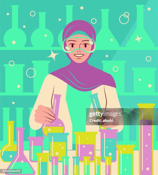 one confident and beautiful young female scientist doing a scientific experiment - arabic doctor stock illustrations