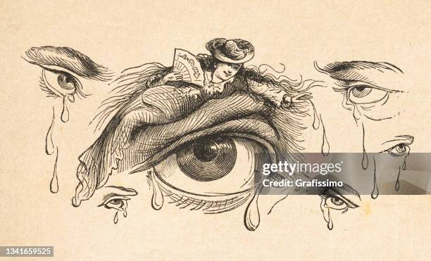 menschliches auge mit tränen weinende zeichnung 1881 - träne stock-grafiken, -clipart, -cartoons und -symbole