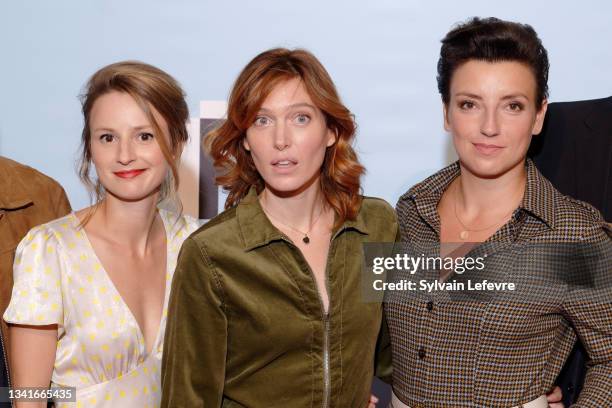 Tiphaine Daviot, Erika Sainte and Aude Gogny-Goubert attend the photocall during Fiction Festival - Day Five on September 18, 2021 in La Rochelle,...