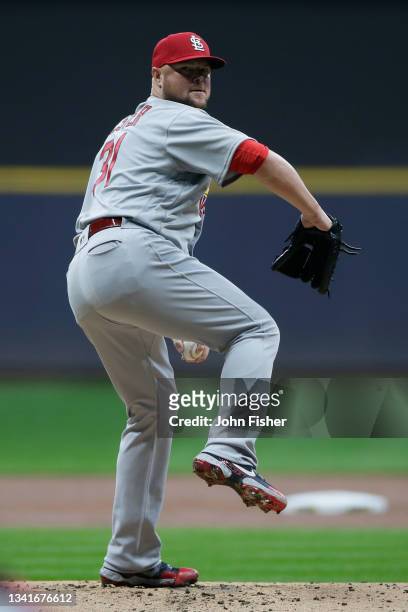Jon Lester of the St. Louis Cardinals throws a pitch against the Milwaukee Brewers at American Family Field on September 20, 2021 in Milwaukee,...