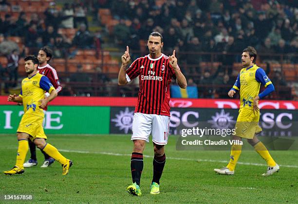 Zlatan Ibrahimovic of AC Milan celebrates scoring the fourth goal during the Serie A match between AC Milan v AC Chievo Verona at Stadio Giuseppe...