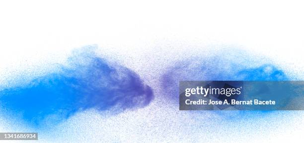 shock of jets and drops of blue paint on a white background. - spraydose stock-fotos und bilder