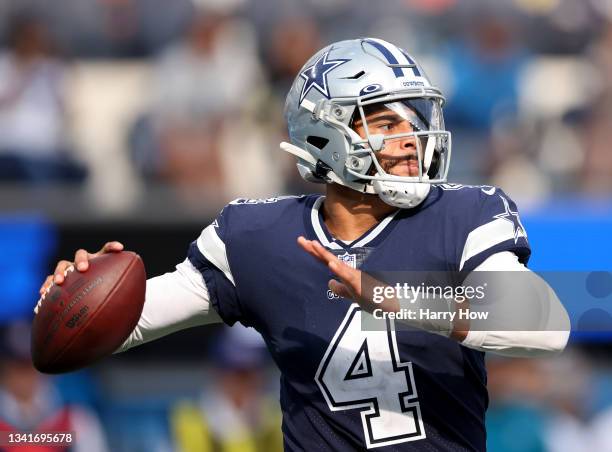 Dak Prescott of the Dallas Cowboys looks to pass during a 20-17 win over the Los Angeles Chargers at SoFi Stadium on September 19, 2021 in Inglewood,...