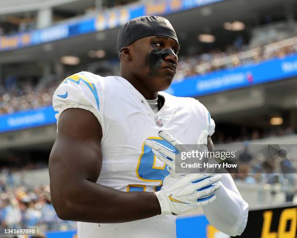Kenneth Murray of the Los Angeles Chargers on the sidelines after an injury during a 20-17 loss to the Dallas Cowboys at SoFi Stadium on September...