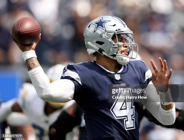 Dak Prescott of the Dallas Cowboys throws during a 20-17 win over the Los Angeles Chargers at SoFi Stadium on September 19, 2021 in Inglewood,...