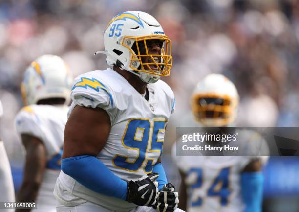 Christian Covington of the Los Angeles Chargers reacts to his play during a 20-17 loss to the Dallas Cowboys at SoFi Stadium on September 19, 2021 in...