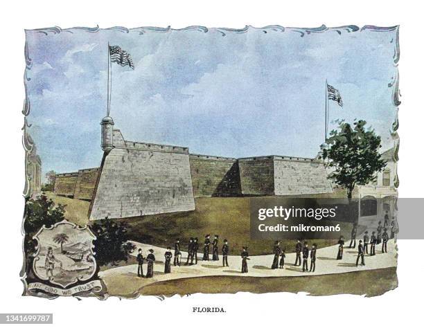 old engraving illustration of florida state building at columbian exposition (fort marion) - castillo de san marcos - fotografias e filmes do acervo