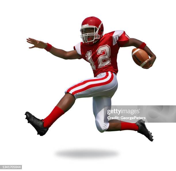 american football running back isolated on white background - rush american football stockfoto's en -beelden