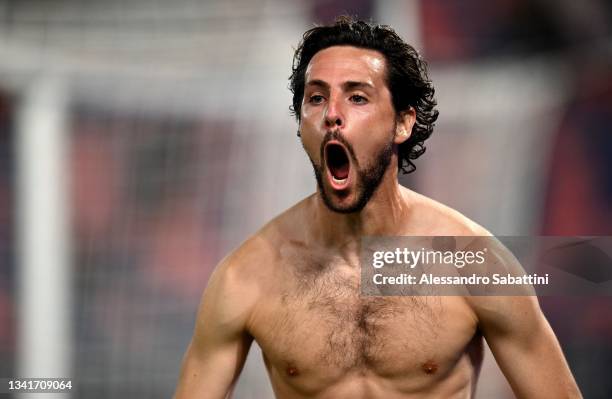 Mattia Destro of Genoa CFC celebrates after scoring the 1-1 goal during the Serie A match between Bologna FC v Genoa CFC at Stadio Renato Dall'Ara on...