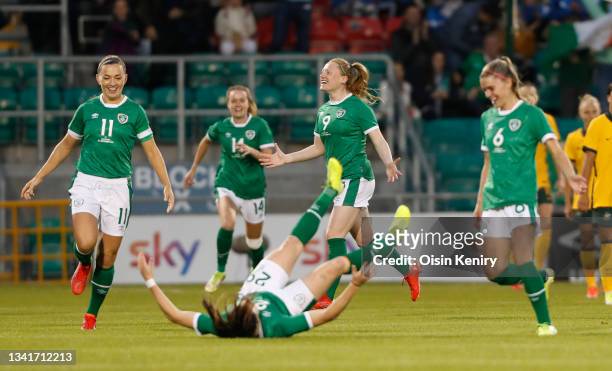 Amber Barrett and Katie McCabe celebrates the goal of Lucy Quinn at Tallaght Stadium on September 21, 2021 in Tallaght, Ireland.
