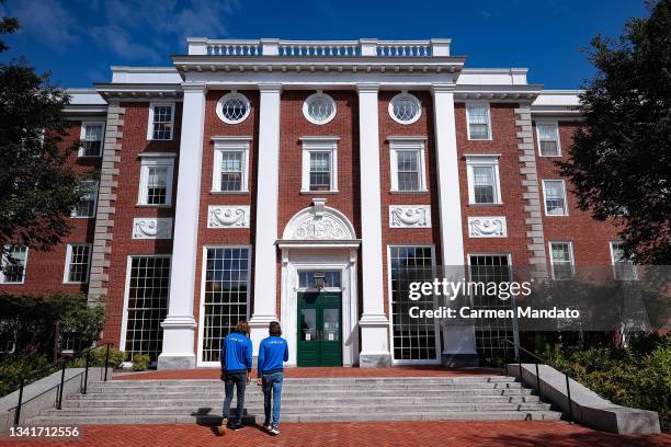 Stefanos Tsitsipas and Feliciano López visit Harvard University ahead of the Laver Cup at TD Garden on September 21, 2021 in Boston, Massachusetts.