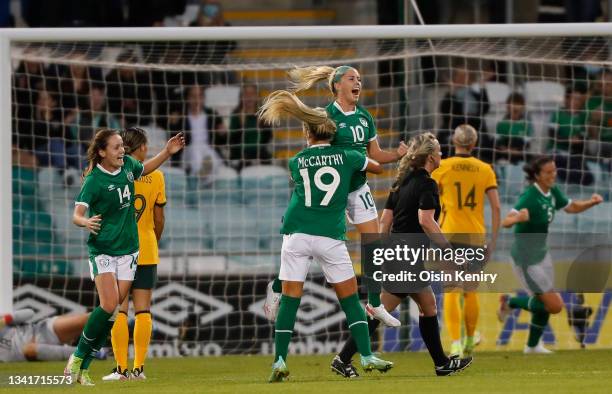 Ireland's Denise O'Sullivan celebrates scoring a goal with Savanah McCarthy at Tallaght Stadium on September 21, 2021 in Tallaght, Ireland.