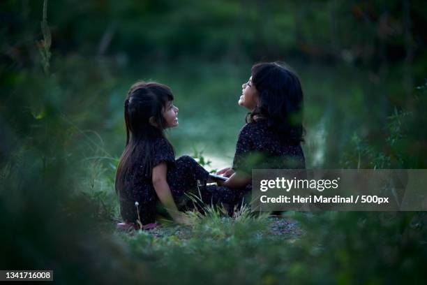 side view of sisters sitting on field,bali,indonesia - heri mardinal stock pictures, royalty-free photos & images