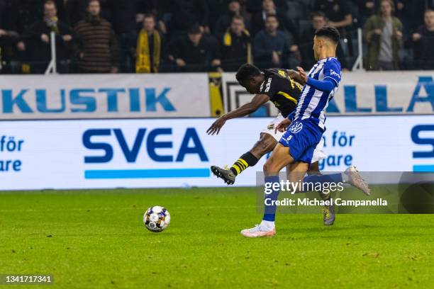 Erick Otieno of AIK scores the 3-1 goal during the Allsvenskan match between AIK and IFK Goteborg at Friends Arena on August 20, 2021 in Stockholm,...