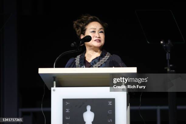 Academy Museum Board of Trustees Vice-Chair Miky Lee speaks onstage during the Academy Museum Opening Press Conference at Academy Museum of Motion...