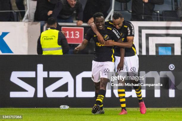 Erick Otieno of AIK celebrates scoring the 3-1 goal with teammates during the Allsvenskan match between AIK and IFK Goteborg at Friends Arena on...