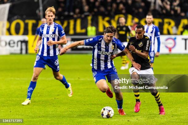 Bilal Hussein of AIK in a duel with Gustav Svensson of IFK Goteborg during the Allsvenskan match between AIK and IFK Goteborg at Friends Arena on...
