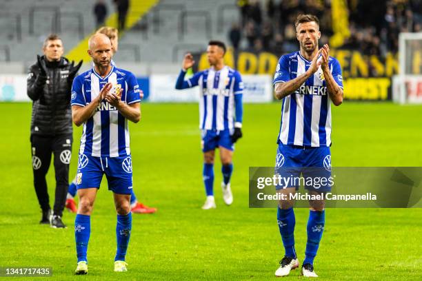 Robin Soder and Mattias Bjarsmyr during the Allsvenskan match between AIK and IFK Goteborg at Friends Arena on August 20, 2021 in Stockholm, Sweden.