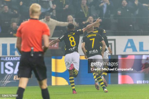 Nabil Bahoui of AIK celebrates scoring the 1-0 goal during the Allsvenskan match between AIK and IFK Goteborg at Friends Arena on August 20, 2021 in...