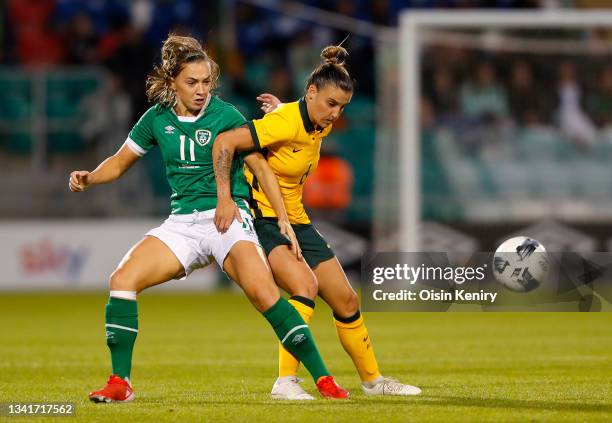 Australia Commonwealth Bank Matildas' Chloe Logarzo with Katie McCabe of Ireland at Tallaght Stadium on September 21, 2021 in Tallaght, Ireland.