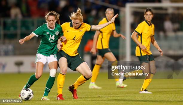 Australia Commonwealth Bank Matildas' Clare Polkinghorne with Heather Payne of Ireland at Tallaght Stadium on September 21, 2021 in Tallaght, Ireland.