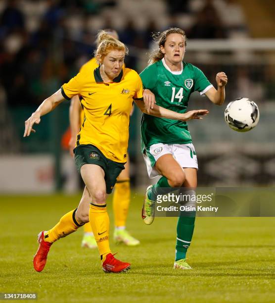 Australia Commonwealth Bank Matildas' Clare Polkinghorne with Heather Payne of Ireland at Tallaght Stadium on September 21, 2021 in Tallaght, Ireland.