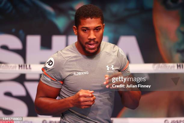 Anthony Joshua trains during their media work out ahead of the WBA, WBO, IBF and IBO World Heavyweight Title fight between Anthony Joshua and...