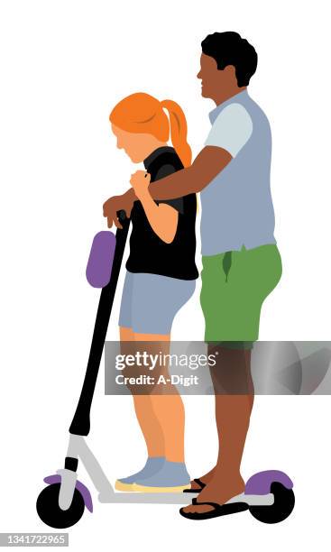 two on electric scooter - couple exercise outside stock illustrations