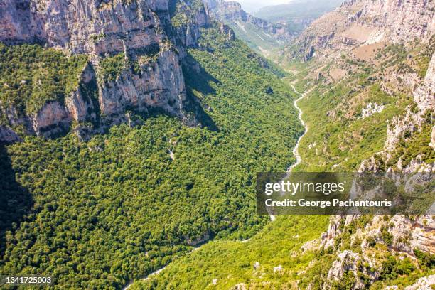 aerial photo of vikos gorge in northern greece - epirus greece stock pictures, royalty-free photos & images