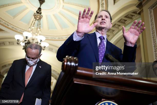Sen. Ron Wyden speaks at a press conference following a weekly Democratic policy meeting at the U.S. Capitol on September 21, 2021 in Washington, DC....