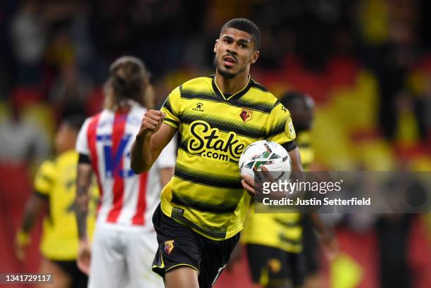 Ashley Fletcher of Watford FC celebrates after scoring their sides first goal during the Carabao Cup Third Round match between Watford and Stoke City...