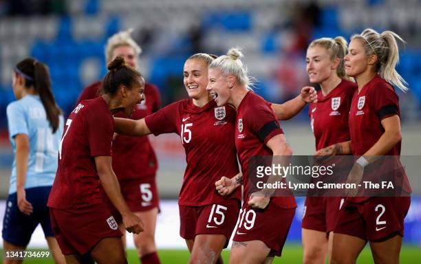 Beth England of England celebrates with team mates after scoring their side's tenth goal during the FIFA Women's World Cup 2023 Qualifier group D...