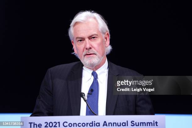 Jacek Olczak, CEO, Philip Morris International, speaks onstage during the 2021 Concordia Annual Summit - Day 2 at Sheraton New York on September 21,...