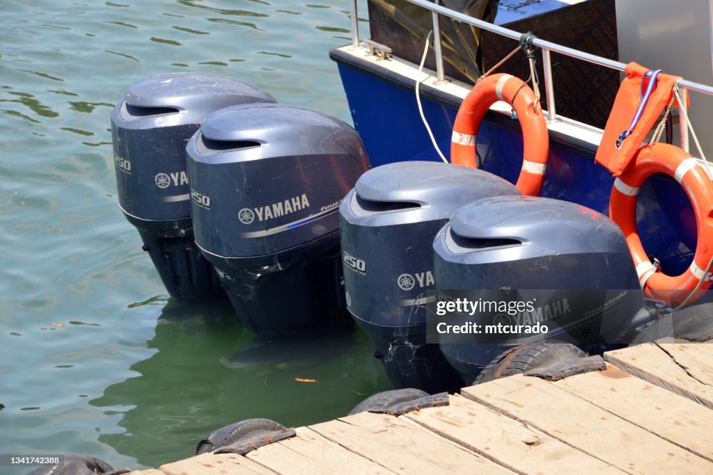 Four Yamaha outboard engines on a speed boat stern, each produces 250 horsepower, Freetown, Sierra Leone