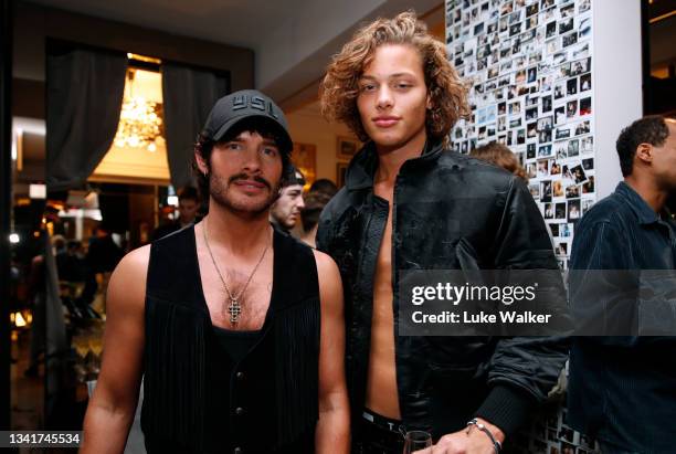 Luke Day and Bobby Brazier attend the Poan LFW Party during London Fashion Week September 2021 at Soho Square on September 21, 2021 in London,...