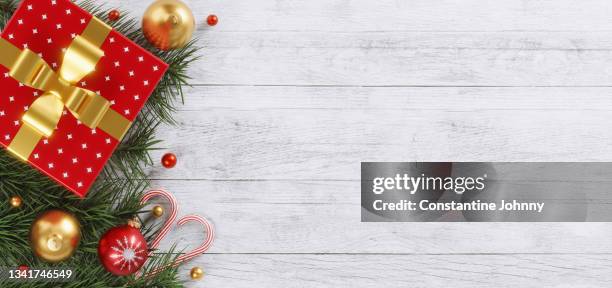christmas gift box and decorative ornaments on white wood background - wrapping paper texture stock pictures, royalty-free photos & images