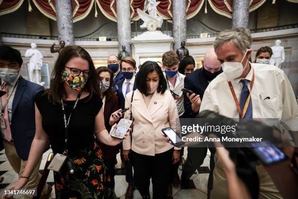 Rep. Pramila Jayapal is swarmed by reporters after a meeting with House Speaker Nancy Pelosi's in her office in the U.S. Capitol Building on...