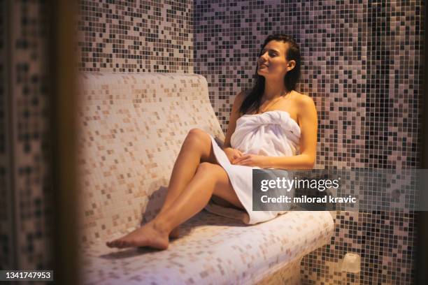 saouna - woman spa towel stock pictures, royalty-free photos & images