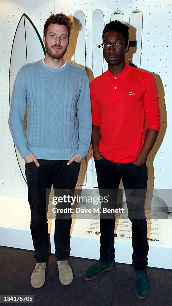 Rick Edwards and Nathan Stewart-Jarrett visit the Lacoste Lounge during the ATP World Finals sponsored by Lacoste at O2 Arena on November 27, 2011 in...