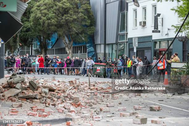 Damaged buildings following an earthquake are seen along Chapel Street on September 22, 2021 in Melbourne, Australia. A magnitude 6.0 earthquake has...