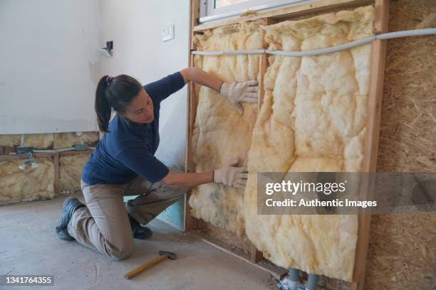 female worker installing fiberglass insulation on wall during wood frame house construction - fibreglass stock pictures, royalty-free photos & images