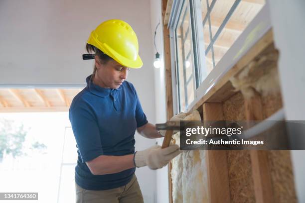 female worker installing fiberglass insulation on wall during wood frame house construction - insulation stock pictures, royalty-free photos & images