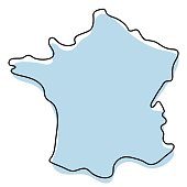 Stylized simple outline map of France icon. Blue sketch map of France vector illustration