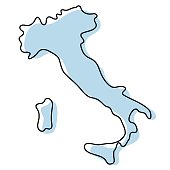 Stylized simple outline map of Italy icon. Blue sketch map of Italy vector illustration