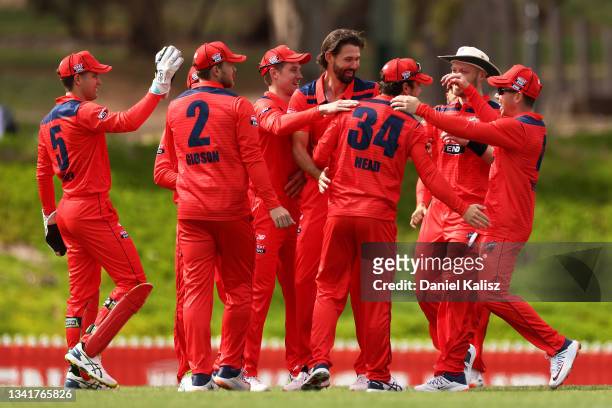 Kane Richardson of the Redbacks celebrates after taking the wicket of Mitchell Marsh of Western Australia during the Marsh One-Day Cup match between...