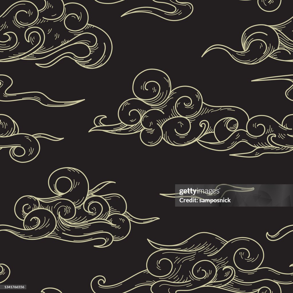 Wind Slit Pattern Swirly Blowing Wind And Cloud Brocade Seamless Pattern High-Res Vector ...